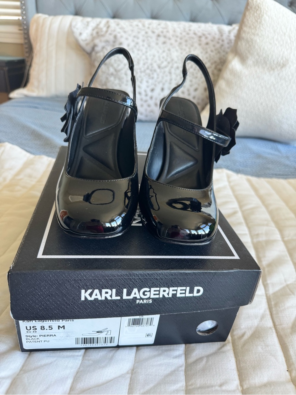 Karl Lagerfeld Black Patent Mary Jane Slingbacks with Floral Accent
